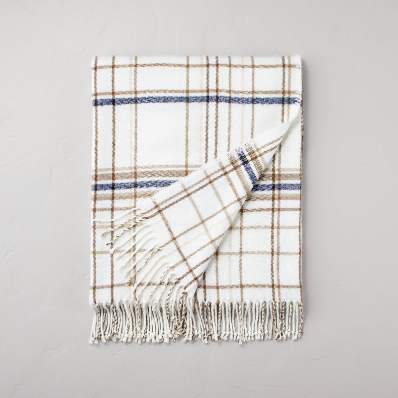 Thin Stripe Plaid with Twisted Fringe Throw Blanket Cream/Navy/Brown - Hearth & Hand™ with Magn... | Target