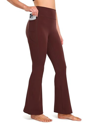 YUNOGA Flare Leggings for Women with Pockets 30" Inseam High Waisted No Front Seam Buttery Soft Gym Yoga Pants (XS, Brown Stone, 30" Inseam) | Amazon (US)