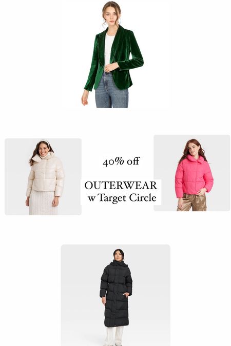 40% off OUTERWEAR with Target Circle!!
Classics on SALE. 
Love the green blazer for the Holidays🎄
Long , warm coat for outside sports  and walks. 
#target

#LTKHoliday #LTKGiftGuide #LTKstyletip