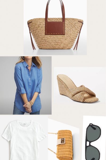 Early Summer must haves. 1.straw bag. 2.linen tunic top. 3.raffia wedge 4.white cotton tee. 5.sunglasses 6.rattan clutch

#LTKfindsunder100 #LTKSeasonal #LTKsalealert