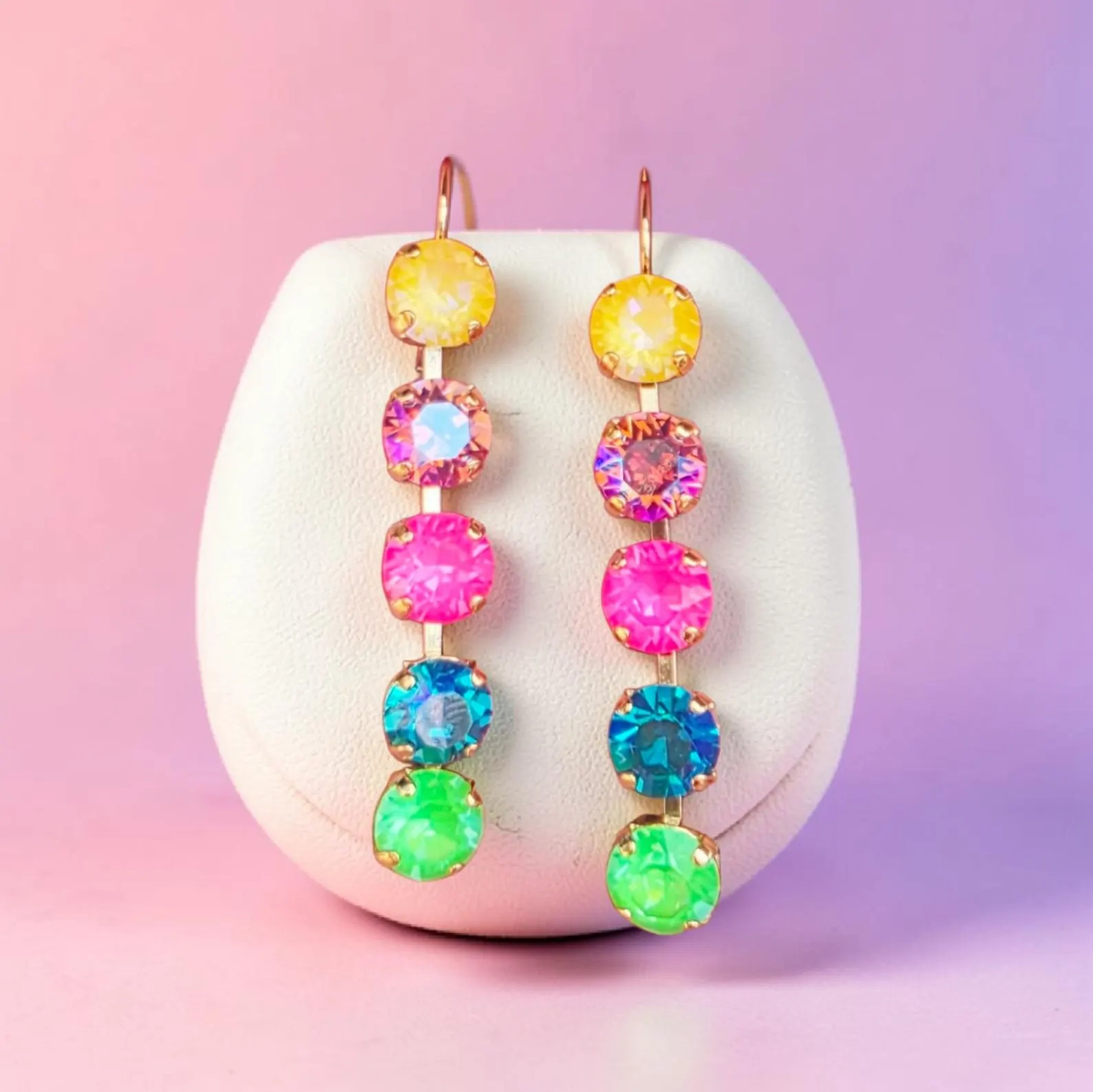 The Kimmy, 8mm, Austrian Crystal Drop Earrings, 5 Crystal Setting, Bright Multi-Color, Women's Ea... | Etsy (Global)