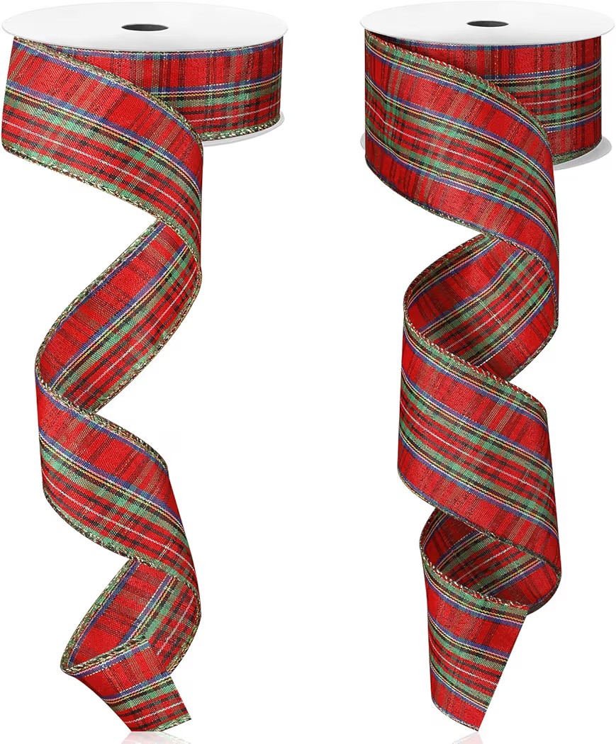 Gingham Ribbon Wired Edge Buffalo Plaid Ribbon Checked Wired for Christmas DIY Craft Festival Party Supply, 11 Yard a Roll(1.5/2.5 Inch,Red and Light Green) | Amazon (US)