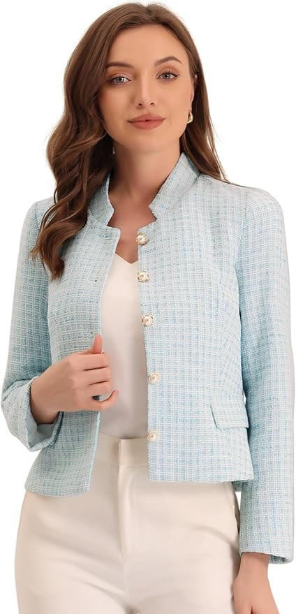 Allegra K Women's Plaid Tweed Blazer Long Sleeve Button Down Work Office Short Jacket | Amazon (US)