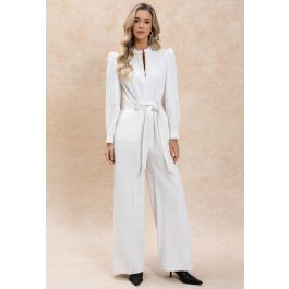 Puff Sleeve Zip-Up Belted Denim Jumpsuit in White | Chicwish