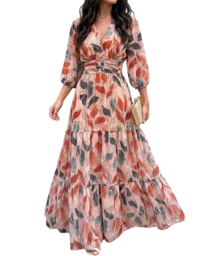 CHICME Women\u2019s Summer Boho Maxi Dress V Neck 3/4 Puff Sleeve Floral Flowy Wedding Guest Vaca... | Amazon (US)