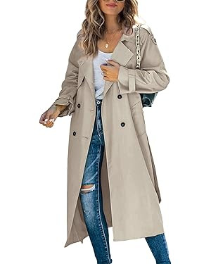 Makkrom Women's Double Breasted Long Trench Coat Windproof Classic Lapel Slim Overcoat with Belt | Amazon (US)