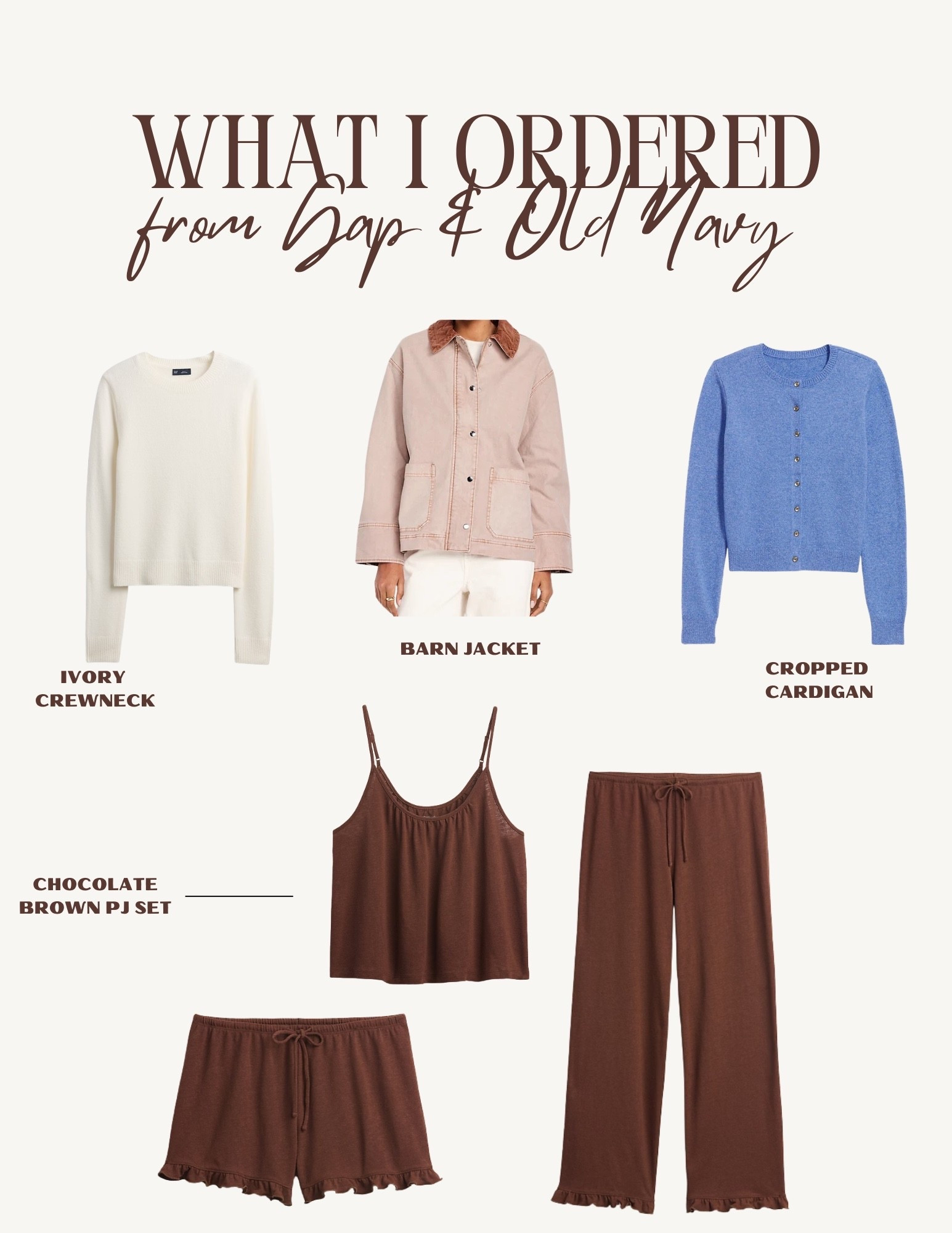 Early fall finds 🍂 From cozy nights at home to layering pieces for crisp mornings, I scooped up some classics from Old Navy & Gap:

🤎 Chocolate brown pajama set (shorts, cami + pants) – soft, lightweight & perfect for transitional weather
🧥 Barn jacket – that timeless, casual outerwear piece you’ll wear on repeat
🤍 Lightweight ivory sweater – easy to style with denim or trousers
💙 Cropped light blue cardigan – sweet & versatile for layering

All are affordable, comfortable, and perfect staples for building an early fall wardrobe. Linked everything for you here so you can shop the pieces while they’re still in stock!

Old Navy fall fashion, Gap fall outfits, cozy pajama sets, barn jacket outfit, ivory sweater fall style, cropped cardigan outfit, early fall wardrobe staples, affordable fall fashion finds, transitional fall layering pieces, Old Navy pajamas, Gap sweaters, casual fall capsule wardrobe



#LTKcanada #LTKstyletip #LTKsale