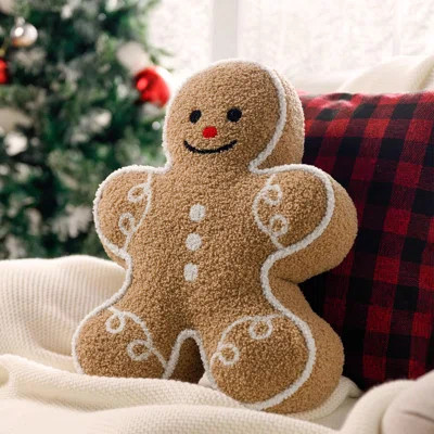 Gingerbread Man Merry Christmas Throw Pillow, Plush Teddy Xmas Gingerbread Shaped Pillows Christmas Decorative Pillow For Couch Living Room Bed, Beige | Wayfair North America