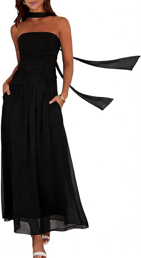 Summer Maxi Dresses for Women 2026 Strapless Ruched Tube Dress with Scarf Beach Vacation Spring W... | Amazon (US)