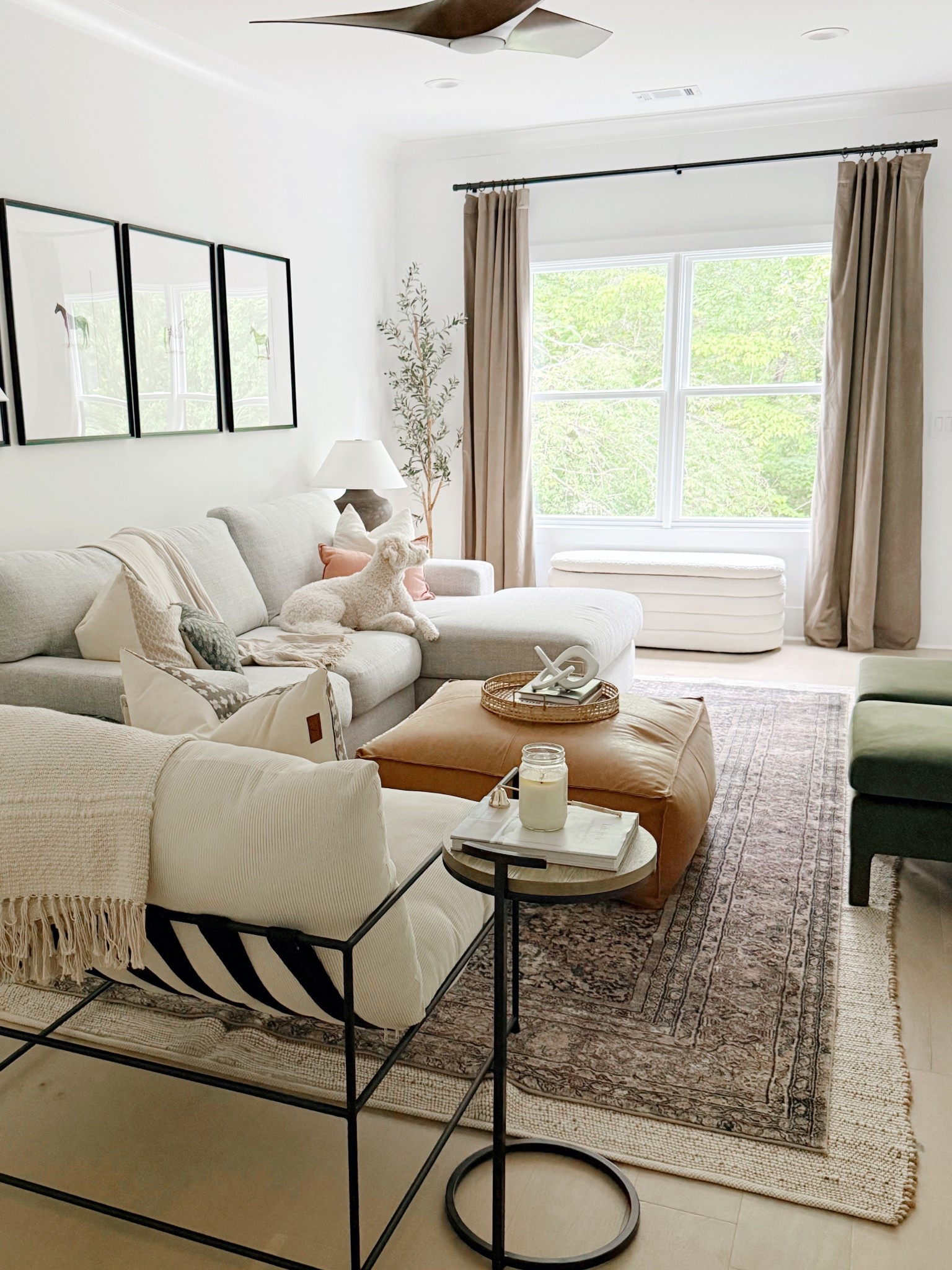 Designed this upstairs landing to feel like a hug—layered textures, cozy neutrals, and a deep sectional perfect for piling on. From the linen drapes to the vintage-inspired rug and leather ottoman, every detail was chosen to invite rest and play. It’s where family movie nights happen, the girls play Nintendo with friends, and we all just exhale. This space may be tucked upstairs, but it’s one of the most loved rooms in our home 🤍✨ #ModernClassicDecor #LandingLounge #TransitionalStyle #CozyInteriors #FamilyHangout #HomeDesignDetails #NeutralHome

#LTKFamily #LTKHome #LTKStyleTip