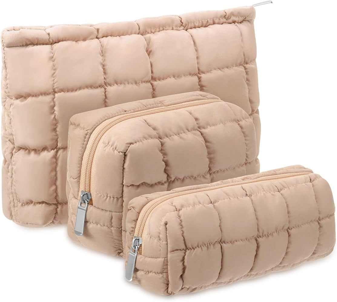 Huhumy 3 Pcs Puffy Makeup Bag Quilted Cosmetic Pouch for Women Cute Checkered Travel Toiletry Bag... | Amazon (US)