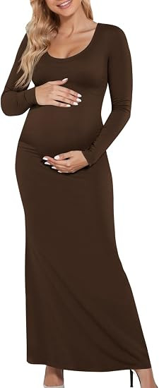 Yousify Womens Maternity Maxi Dress Long Sleeve Slim Fit Pregnancy Clothes | Scoop Neck, Split, B... | Amazon (US)