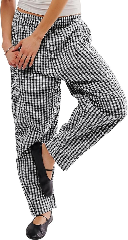 PEHMEA Women's Gingham Pants with Pockets, Wide Leg Pajama Elastic Waist Casual Checkered Long Tr... | Amazon (US)
