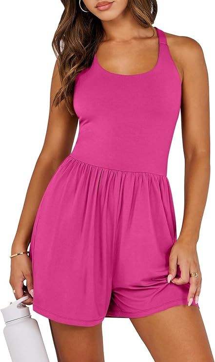 Caracilia Womens Rompers 2024 Summer Casual Athletic Romper Built in Shorts Sleeveless Jumpsuit V... | Amazon (US)