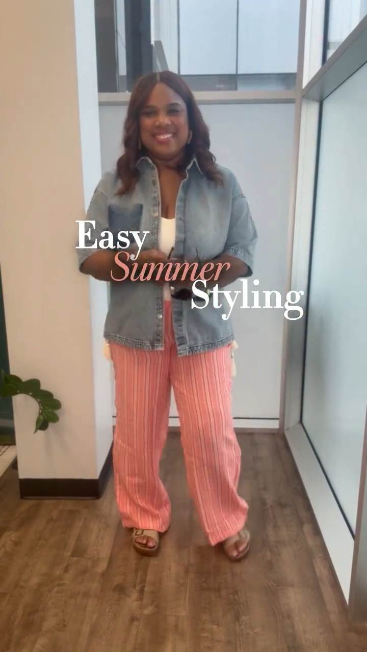 Easy Summer Styling ☀️ Effortless outfits are always in season. This easy summer look pairs a lightweight Walmart striped linen-blend pants with a classic Walmart white tank and a relaxed KBB denim button-up for a casual outfit you can wear from errands to brunch. These are the kind of versatile pieces you'll reach for all season long—and they're easy to mix and match with the rest of your wardrobe. 

#LTKSeasonal#LTKBeauty

#LTKootd