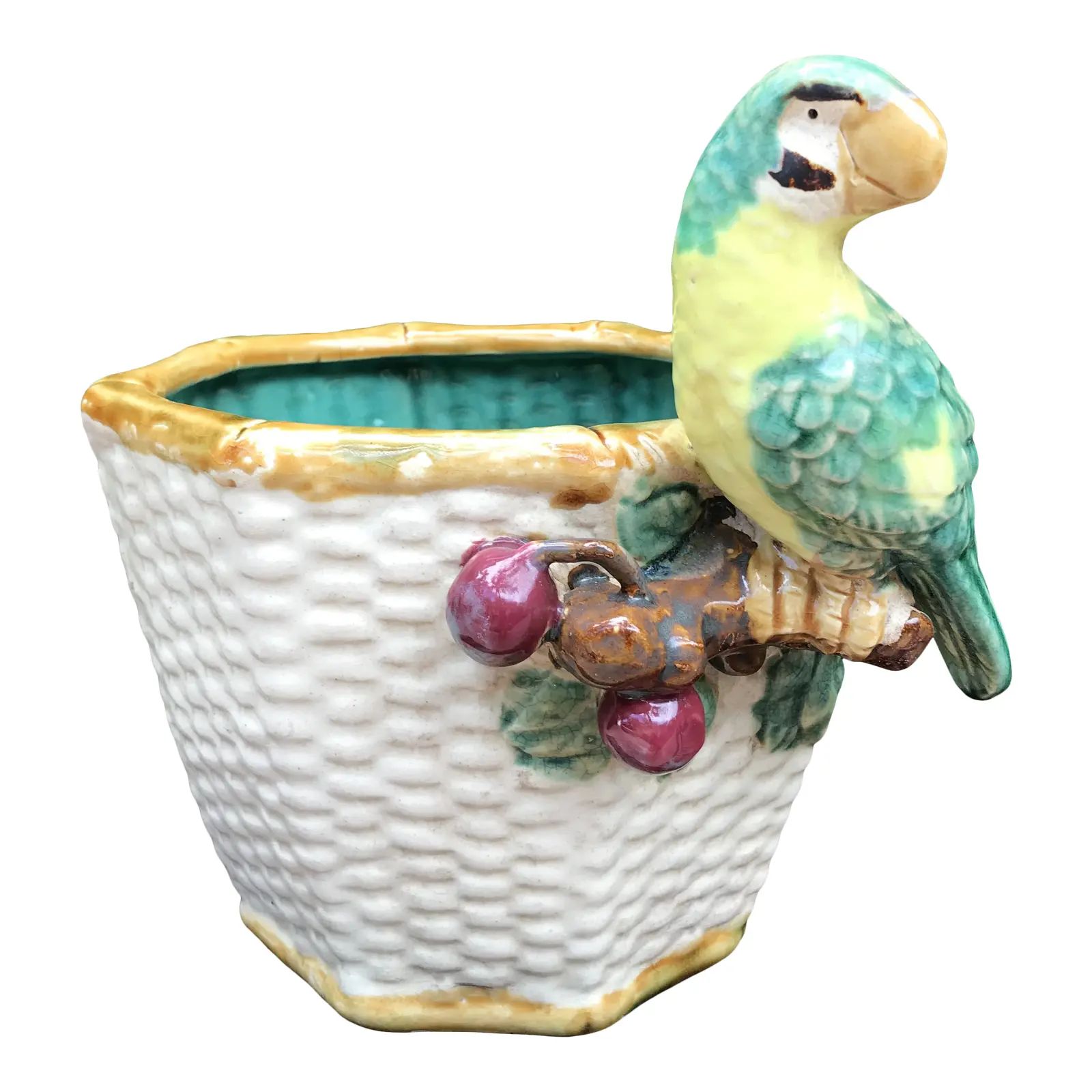 Early 20th Century Palm Beach Chic Chinese Shiwan Ceramic Planter With Parrot | Chairish