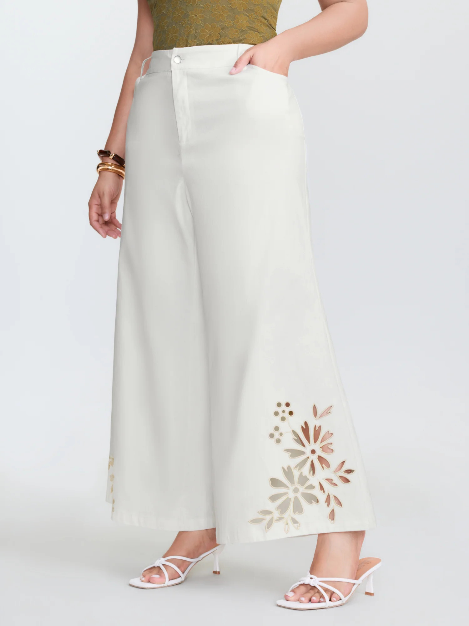 Cotton Floral Cutwork Embroidered Hem Pants | Bloomchic