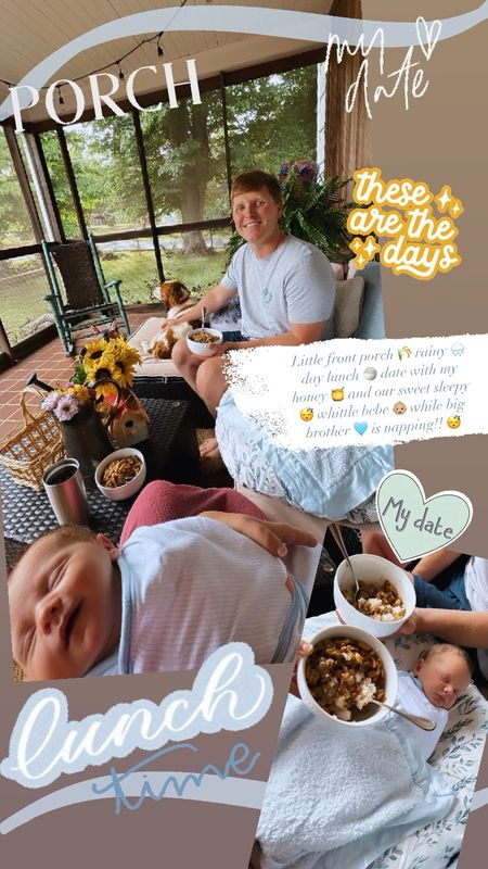Little front porch 🌾 rainy 🌧️ day lunch 🍚 date with my honey 🍯 and our sweet sleepy 😴 whittle bebe 👶🏼 while big brother 🩵 is napping!! 😴 

#LTKBaby #LTKFamily #LTKHome