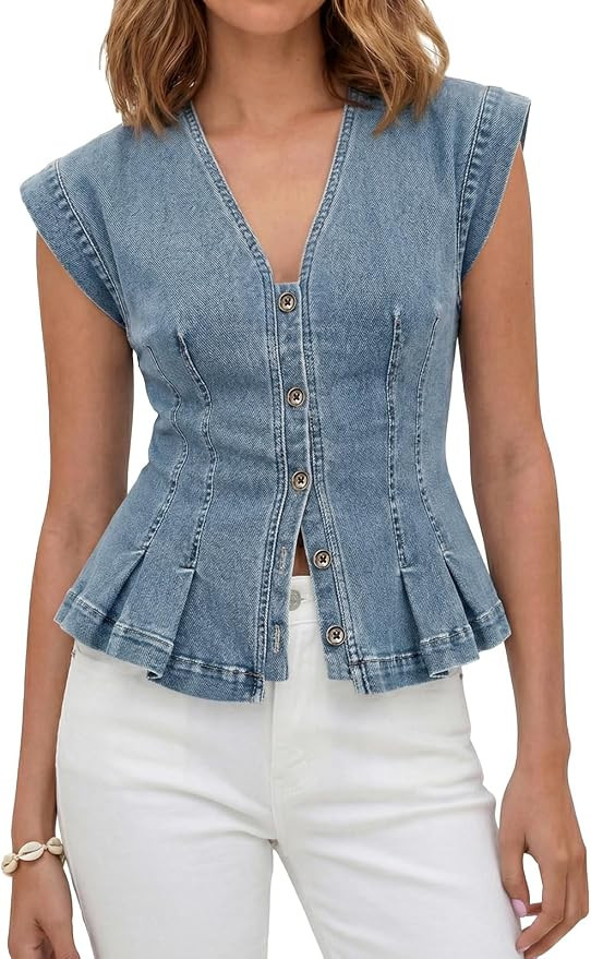 Tankaneo Womens Denim Vests Tops Summer Casual Y2k Fitted Pleated Jean Tops | Amazon (US)