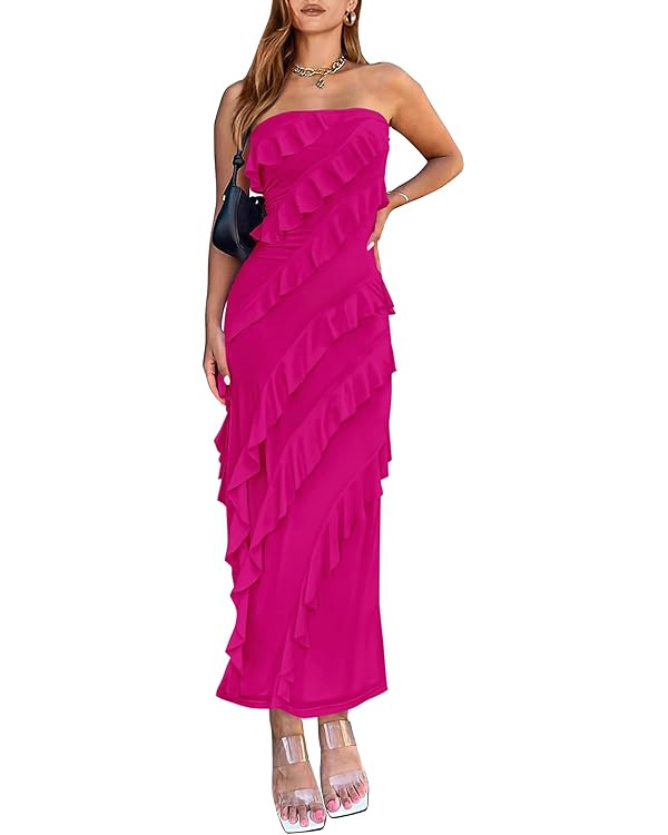 BTFBM Women Summer Elegant Strapless Midi Ruched Bodycon Dress Solid Color Stretch Mesh Slim Part... | Amazon (US)