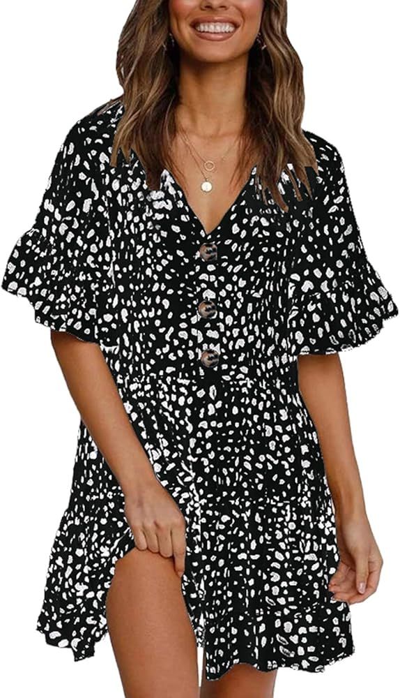 KIRUNDO 2021 Summer Women’s Ruffle Half Sleeves Mini Dress V Neck Leopard Print Loose Ruffle Sh... | Amazon (US)