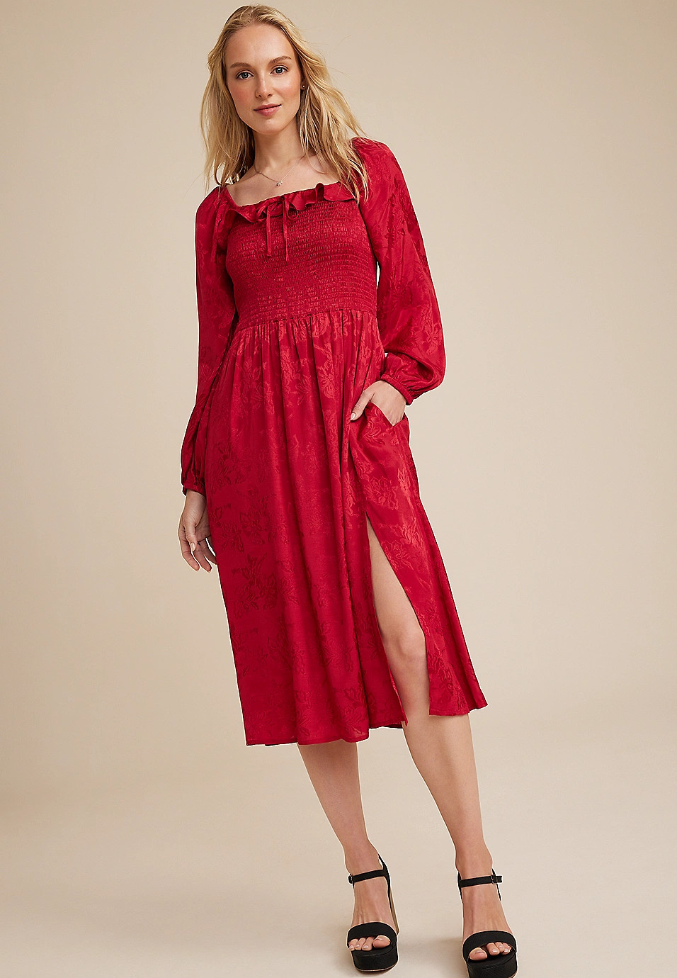 Red Floral Jacquard Midi Dress | Maurices