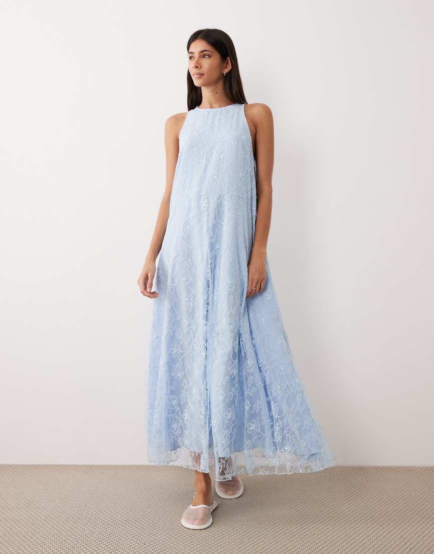 ASOS DESIGN high neck racer lace maxi dress in baby blue-Multi | ASOS (Global)