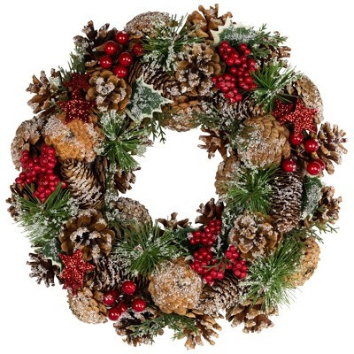 Northlight Flocked Pinecones and Glittered Stars Christmas Wreath - 13.25" - Unlit | Target