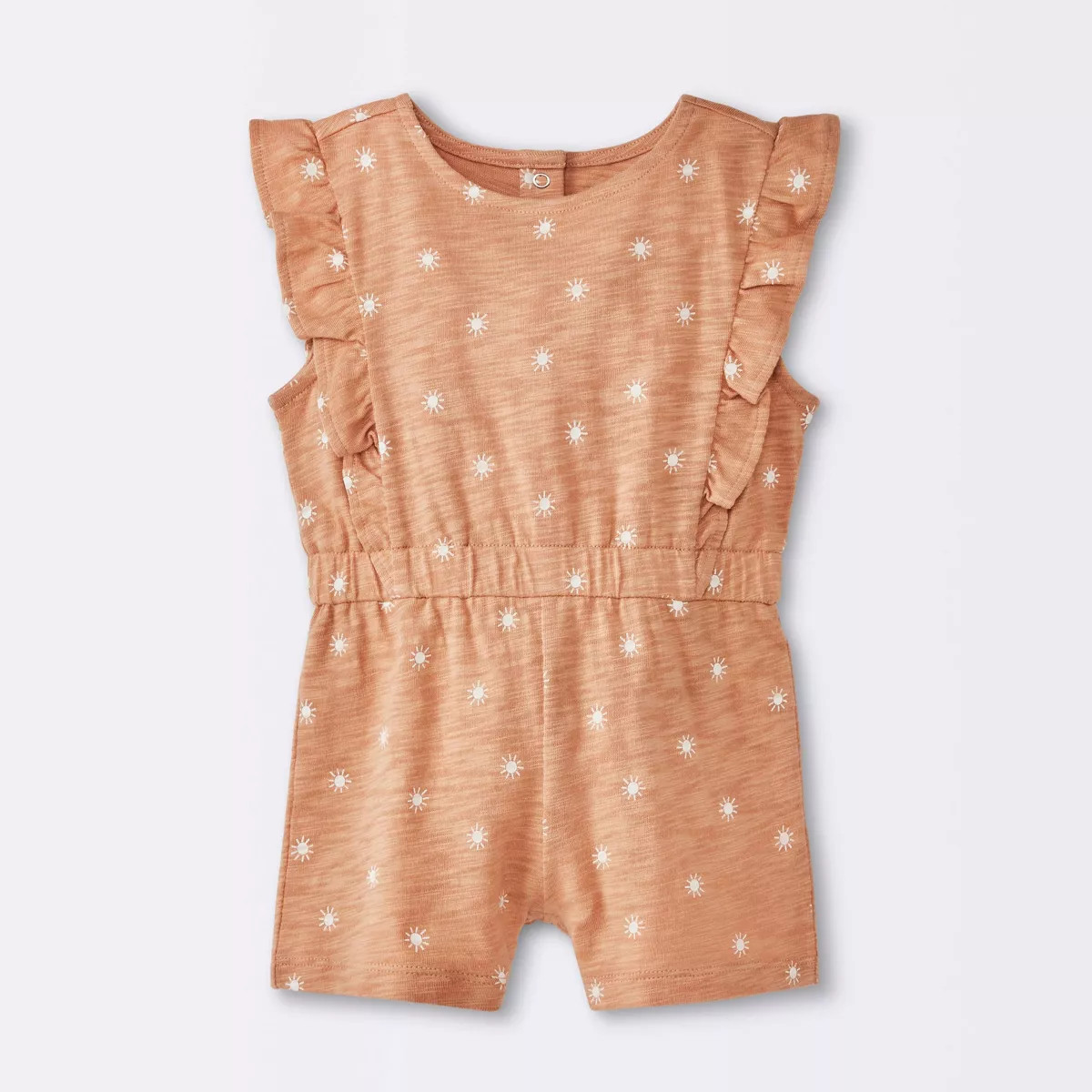 Baby Girls' Sun Stamps Printed Ruffle Romper - Cloud Island™ Tan | Target