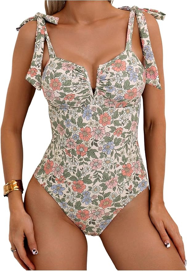 Milumia Women's Floral Print One Piece Swimsuit Tie Shoulder Tummy Control Bathing Suits Modest S... | Amazon (US)