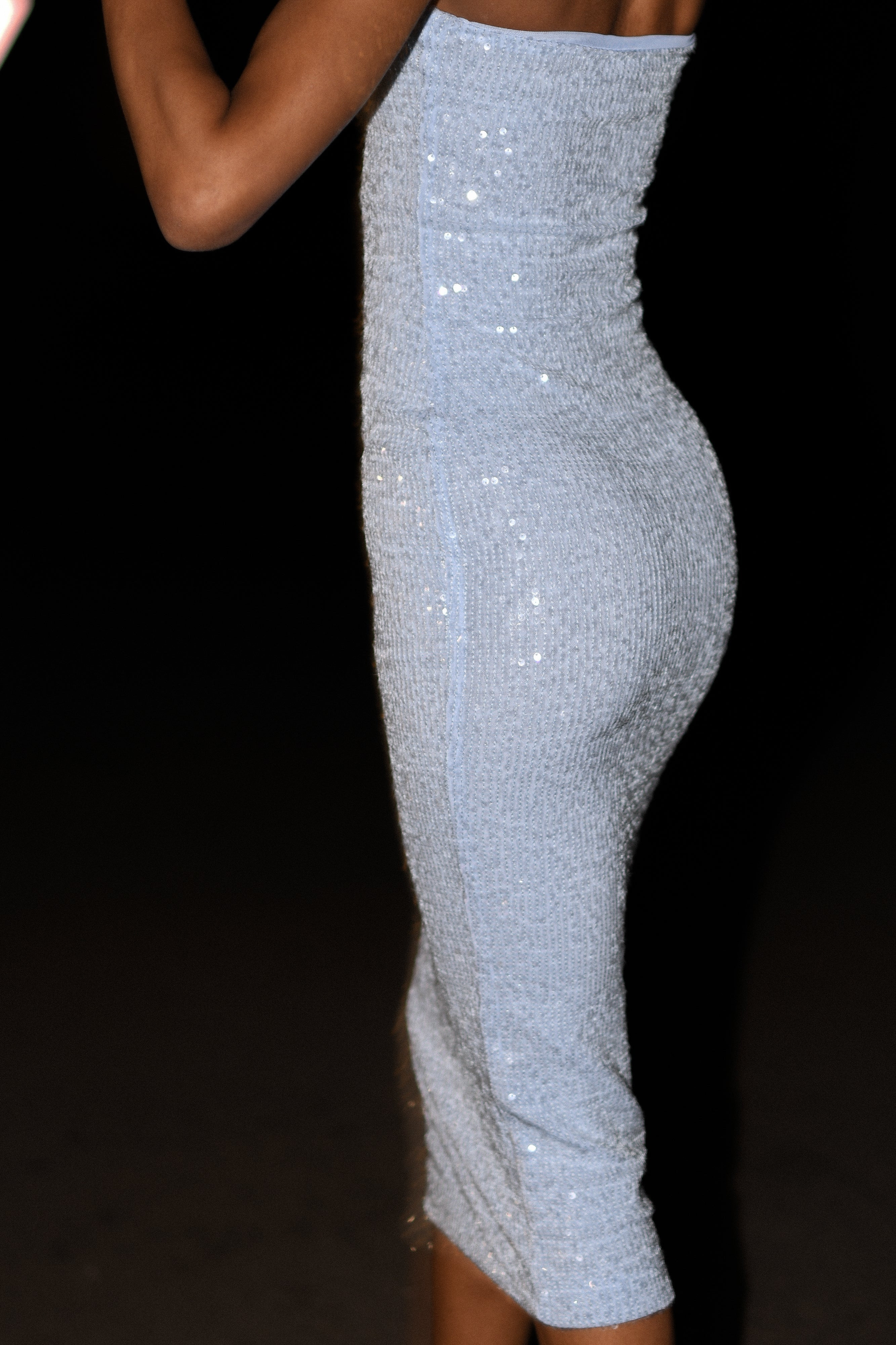 Nevada Strapless Sequin Midi Dress - Ice Blue | MESHKI US