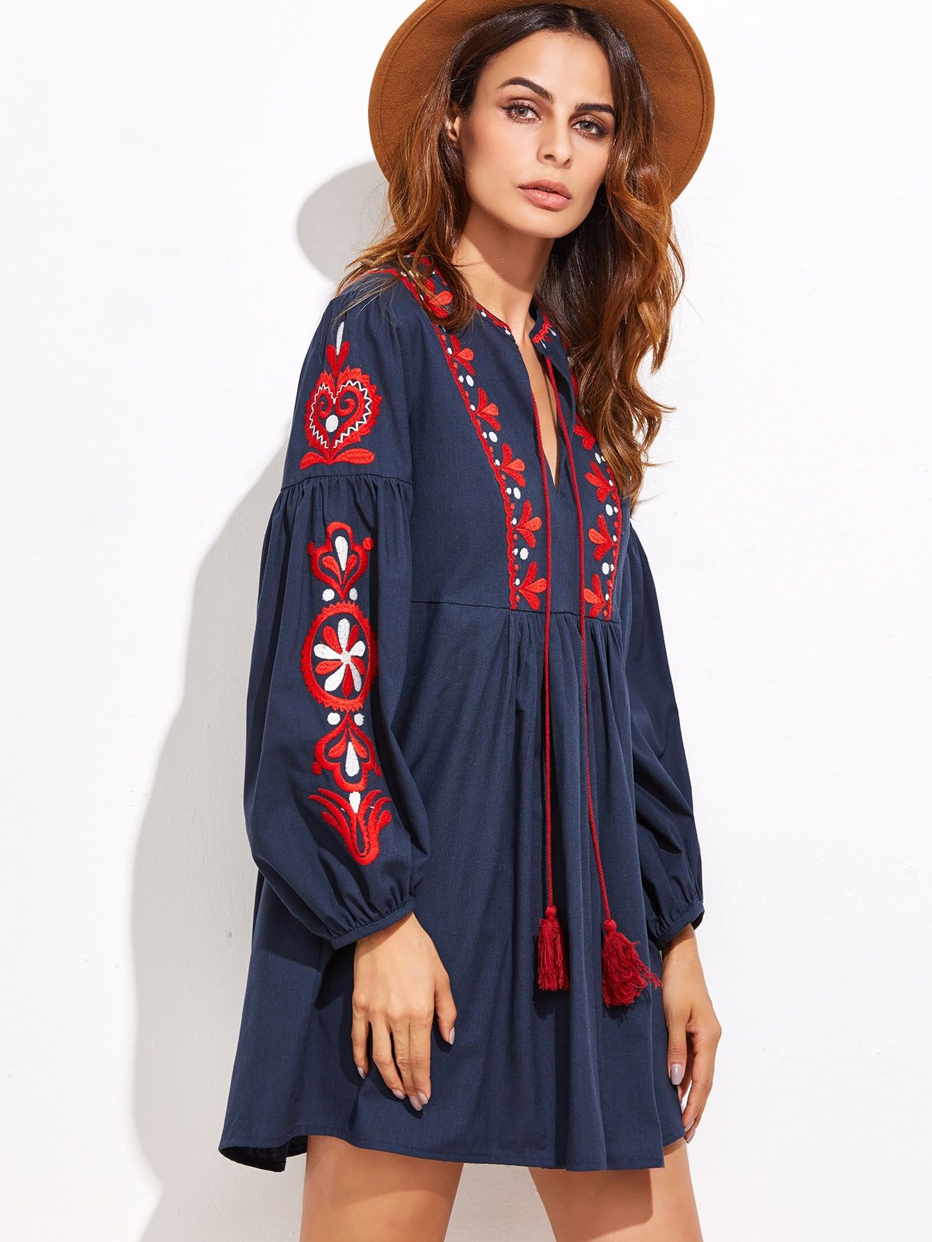 Navy Embroidery Fringe Detail Shift Dress | SHEIN