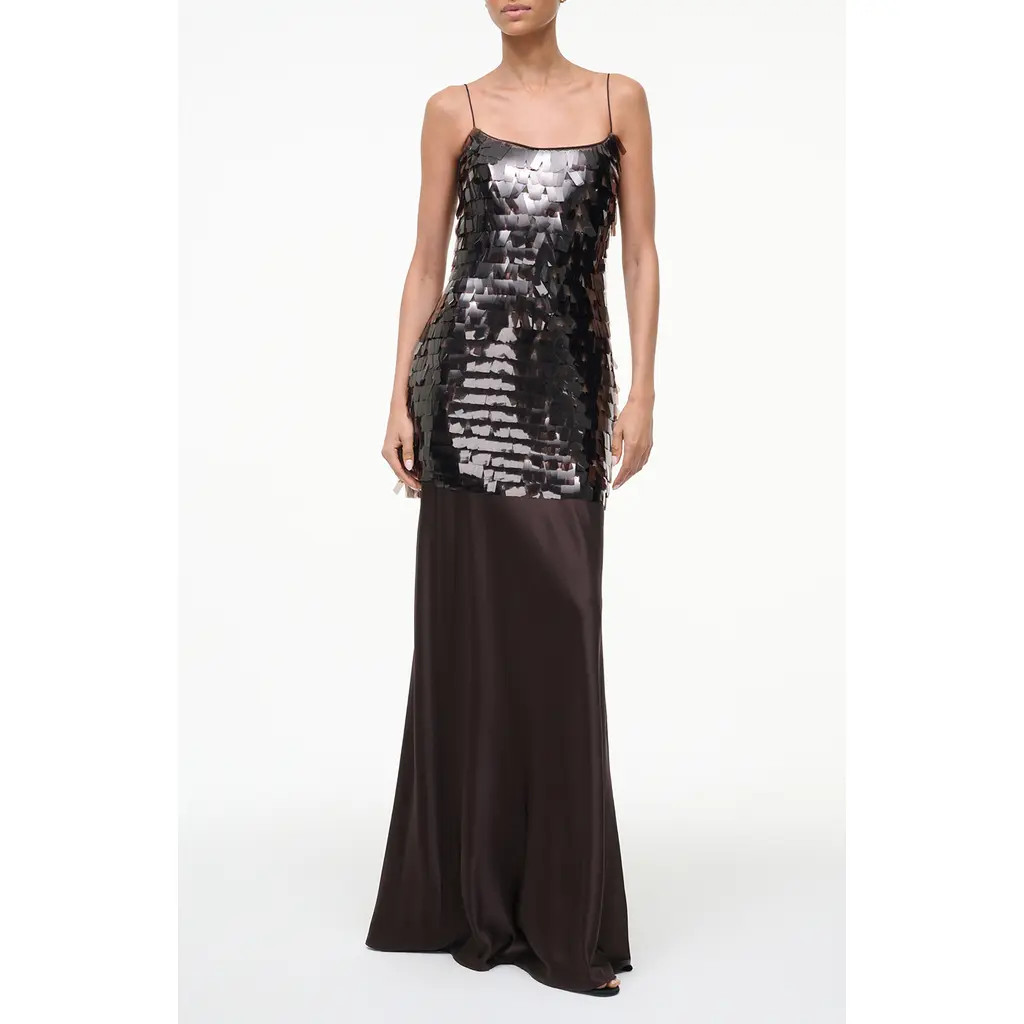 STAUD Mesa Mixed Media Paillette Gown in Earth at Nordstrom, Size 0 | Nordstrom