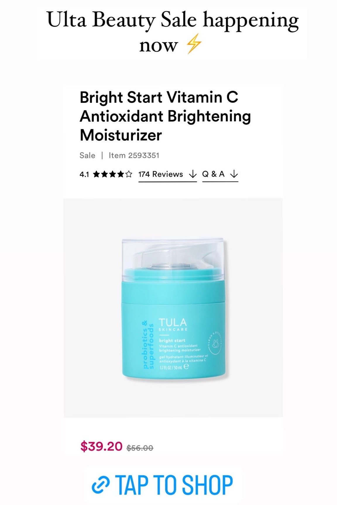 Ulta beauty sale Tula moisturizer 

#LTKunder50 #LTKbeauty #LTKsalealert