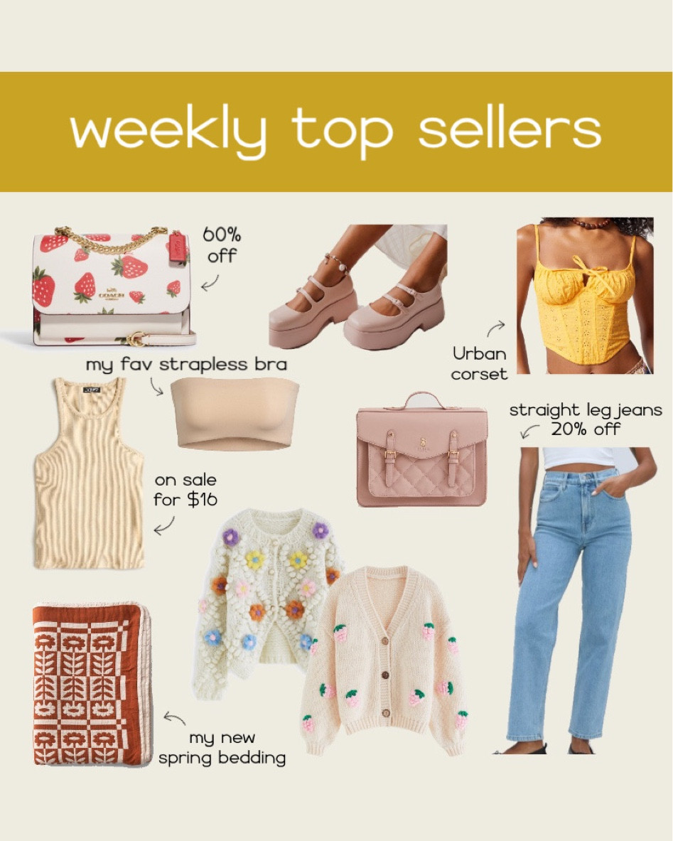 Best sellers this week! 

Bag, purse, strawberry, crossbody, coach, free people, shoes, pink, spring outfits, urban outfitters corset, everlane jeans, spring sweater, chunky knit,  floral sweater, flower,floral quilt, bedding, j.crew sale, tank, skims, strapless bra, deal alert, sale alert

#LTKunder50 #LTKunder100 #LTKsalealert