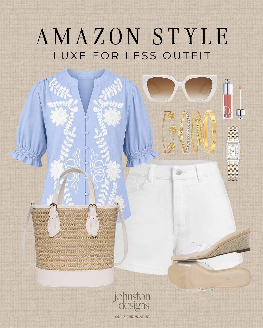 Amazon luxe for less outfit with soft blue embroidery, crisp white denim and polished gold accessories. Love this for brunch, vacation dinners or a chic summer day look. 🩵

Amazon style, luxe look, blue blouse, white shorts, straw bag, wedge sandals, gold jewelry, white sunglasses, summer outfit, vacation style, brunch look, polished outfit, chic accessories, affordable finds, warm weather, feminine style 

 #LTKootd