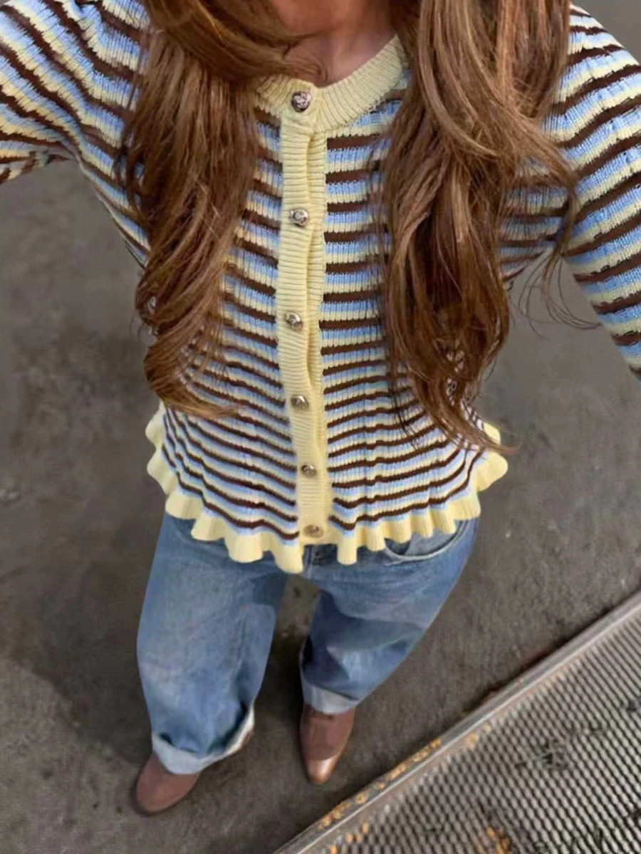 SEREN Spring New Striped Colorblock Round Neck Button Cardigan Long Sleeve Knit Sweater, Slim Fit Ruffle Long Sleeve Knit Sweater | SHEIN