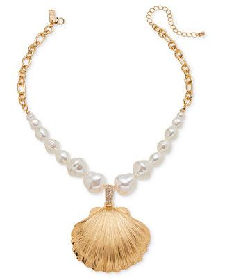 Gold-Tone Shell Imitation Pearl Beaded Statement Pendant Necklace, 16" + 3" extender, Exclusively... | Macy's