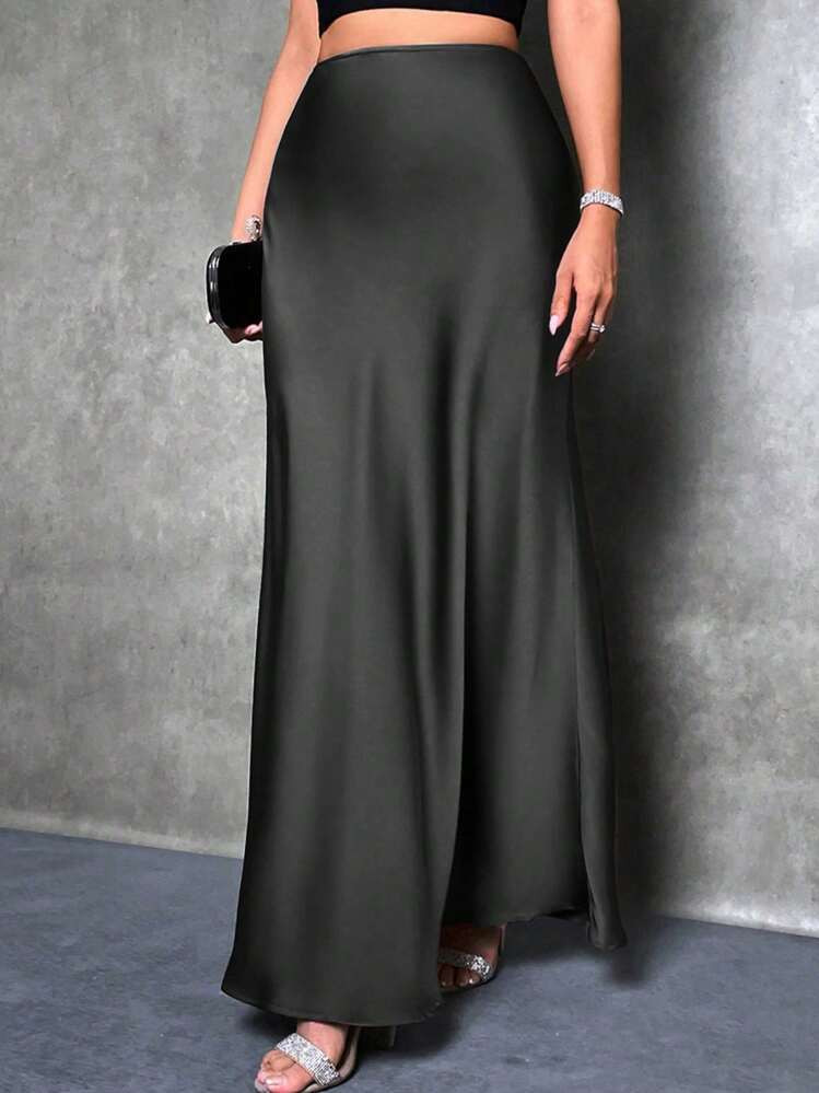 SHEIN Tall Women's Solid Color Mermaid Style Skirt, Satin Finish A-Line Skirt, Elegant Long Skirt, Suitable For Parties, Daily Wear, Black Skirt | SHEIN