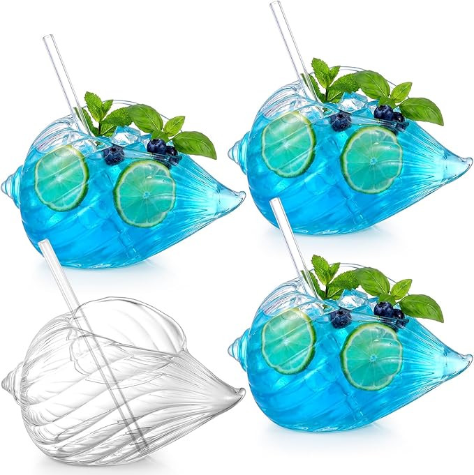 4 Set Seashell Tiki Glasses, 11.8 oz Seashell Cocktail Glasses with Straws Clear Funny Whiskey Dr... | Amazon (US)