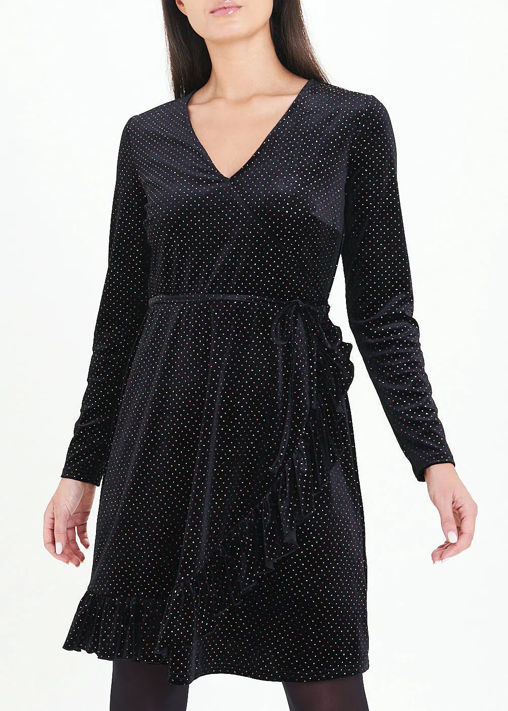 Black Long Sleeve Velvet Dot Wrap Dress – Black | Matalan (UK)