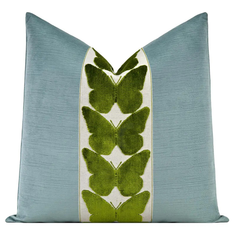 Striated Velvet Pillow Cover With Large Butterfly Trim | Dusty Turquoise Velvet Pillow Cover With... | Etsy (US)