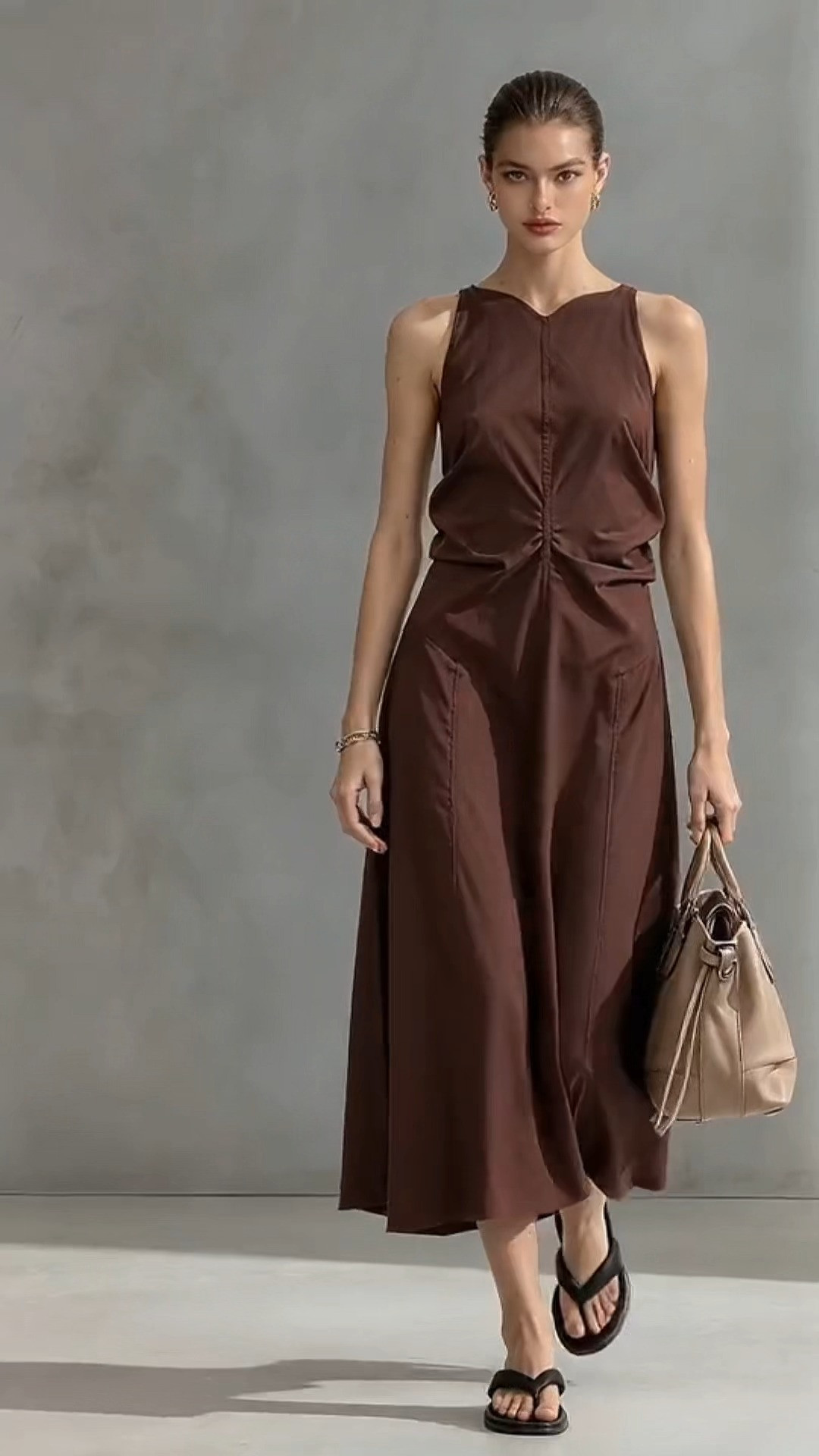 Brown Sleeveless Center Ruched Midi Dress
#CasualMidiDress #BrownDress #MinimalistStyle #SummerCasual #EverydayOutfit 
 

 #LTKootd #LTKOver40 #LTKWorkwear