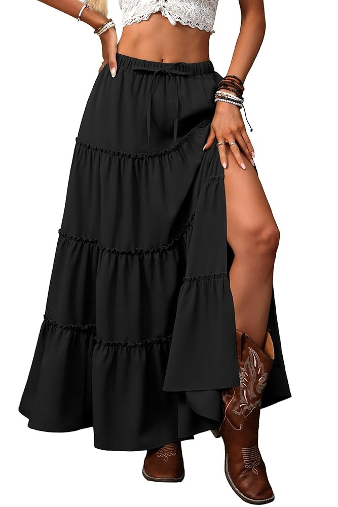 ELLEVEN Women's Summer Slit Tiered Maxi Skirt - Boho A-Line Elastic Waist Long Skirts with Pocket... | Amazon (US)