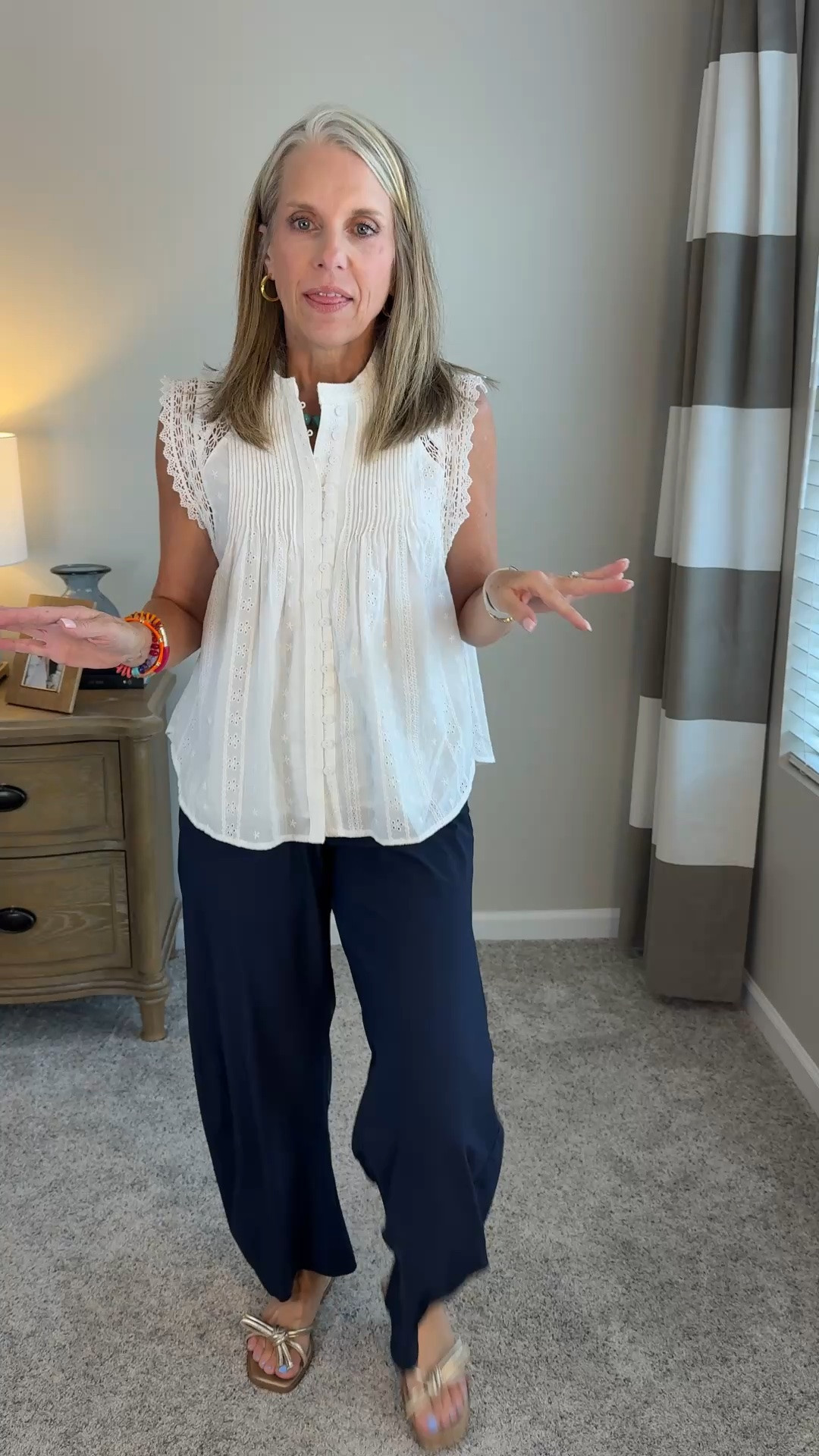 XS top and small pants 
Thea pants are comfortable and can be dressed up or down. They’re really so versatile it’s amazing. I have the expensive versions and love them, but if you wan an affordable alternative, these are really good. I’ll link both.

#LTKOver40 #LTKgrwm #LTKootd