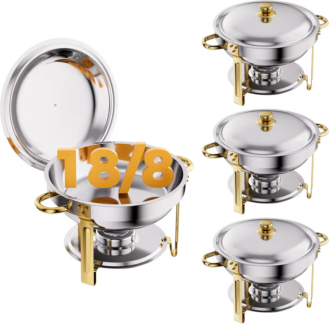 Gold 4 Pack Chafing Dishes for Buffet, 18/8 (304) Stainless Steel Food Pan with Lid, 6QT Round Ch... | Amazon (US)