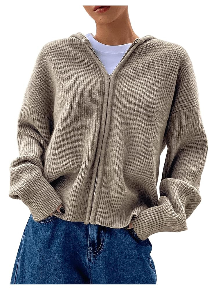 SOLY HUX Women's Zip Up Hooded Cardigan Sweater Knitted Drop Shoulder Fall Hoodies Outerwear | Amazon (US)
