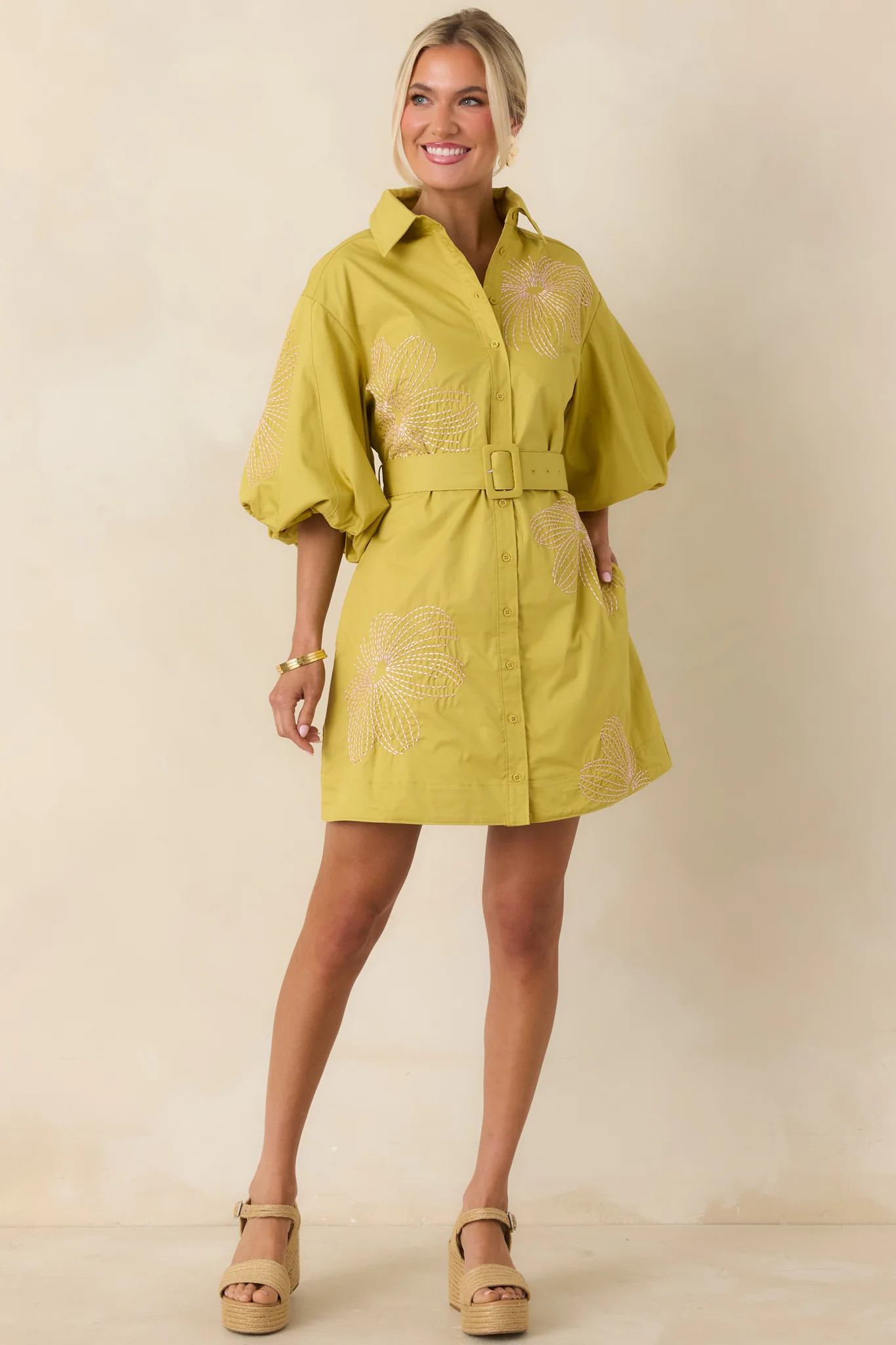 Fresh With Flair Chartreuse Green & Pink Contrast Embroidered Cotton Mini Dress | Red Dress