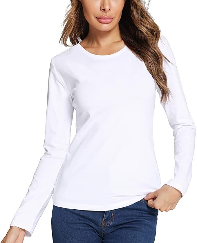 LOVFEE Women's Classic-Fit Long-Sleeve Crewneck Cotton Basic T-Shirt Underscrub Tee | Amazon (US)
