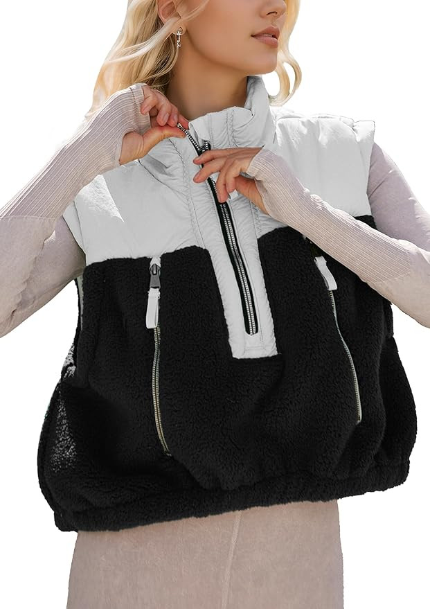 Women's Fuzzy Fleece Cropped Vest Pullover Sleeveless Lightweight Sherpa Vest Warm Half Zip Gilet... | Amazon (US)
